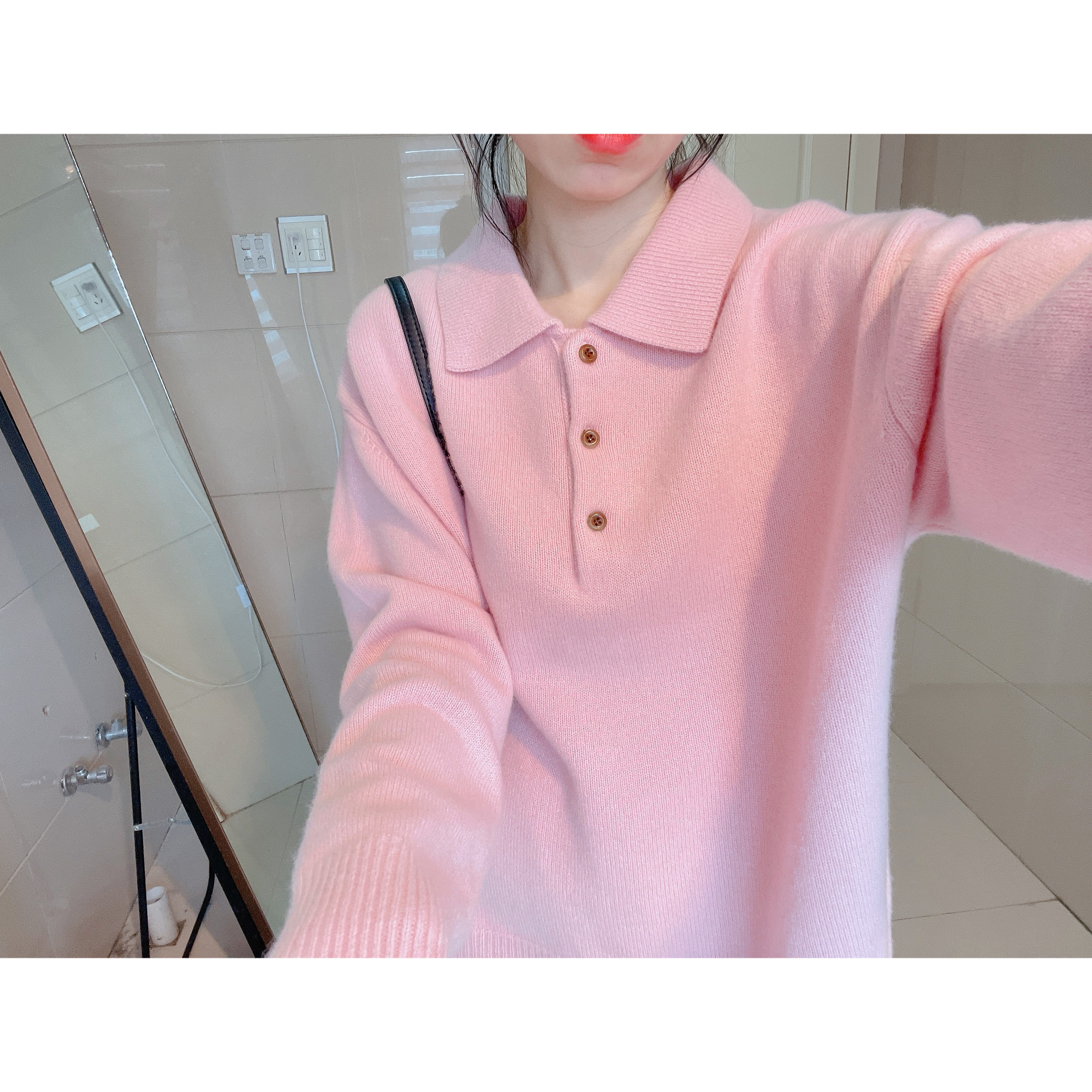 hisongsong粉polo领针织衫女秋冬毛衣外套翻领100%羊毛衫宽松红色