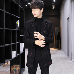 Cotton wool windbreaker men's medium long coat plaid coat