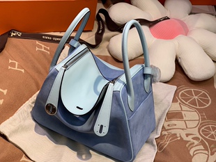 微风蓝麂皮配swift皮林迪26CM女士手提包全手工女包奢侈品牌