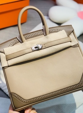 蜡线手缝swift牛皮铂金包25CM拼色蕾丝款手提女包女士淑女甜美