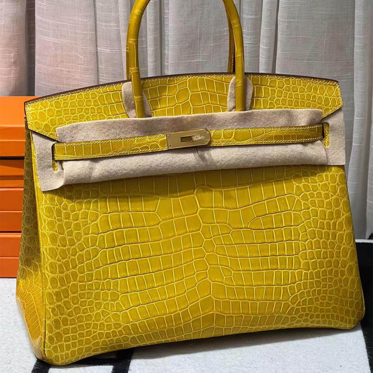 琥珀黄HCP进口高光倒V湾鳄鳄鱼皮女士手提包大号BK铂金包35CM全手