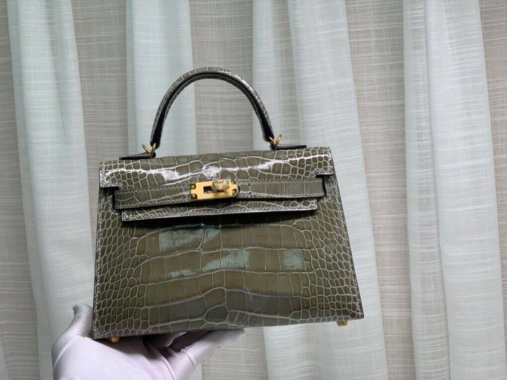 mini凯莉二代进口美洲鳄鱼皮高光肚皮手缝腊线女士小手提包轻奢侈