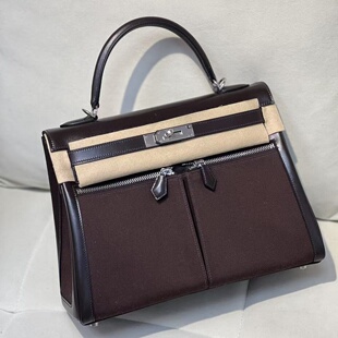 纯手工大号KL凯莉包32lakis乌木色box 拼帆布进口皮女包手提包