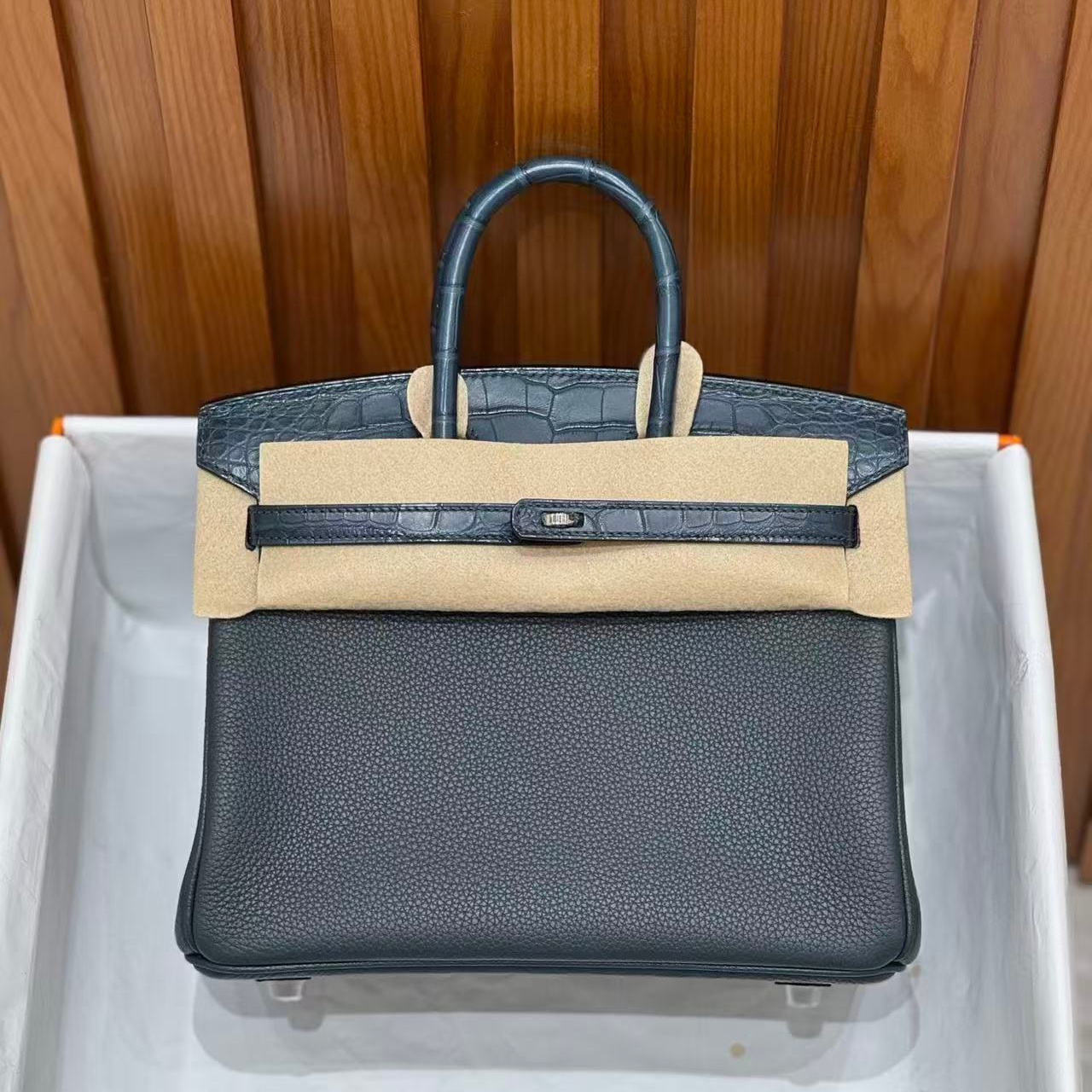 松柏绿touch25铂金包BK女士手提包纯手工内缝女包银扣带锁高端