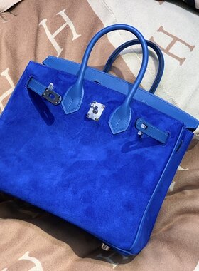 宝蓝色麂皮配swift皮铂金bk25女士手提包全手工缝女包奢侈H家