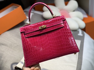 H家高光凯莉包25CM鳄鱼皮亮面肚皮女士手提奢侈女包真皮挎包玫红