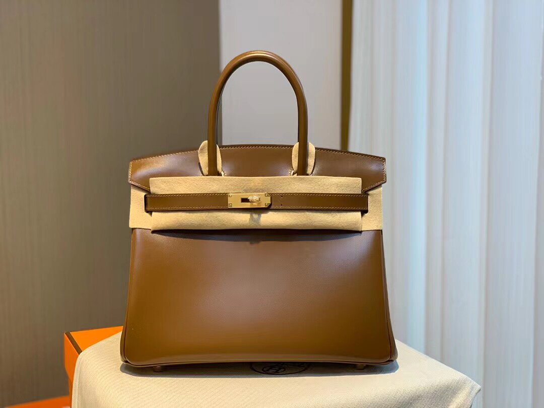 全手工BOX皮栗子色BK铂金包30CM女士手提包带锁H家品牌包金扣