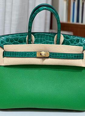 touch鳄鱼皮拼togo皮BK铂金包25CM女士手提包手工缝高端定制金扣