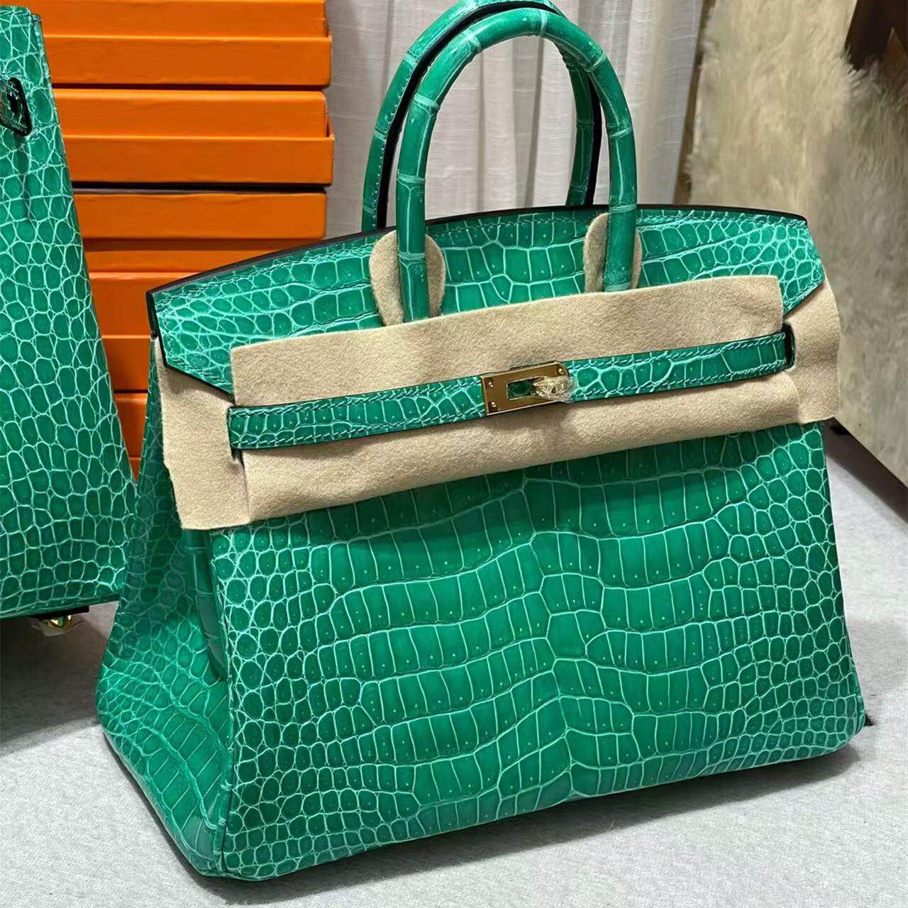 帝王绿进口高光HCP倒V湾鳄鳄鱼皮BK铂金包25CM女士手提包全手工缝
