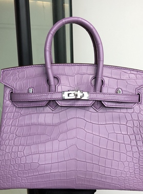 香紫鳄鱼皮肚皮手缝蜜蜡线铂金包25小号带锁皮带欧美时尚女包