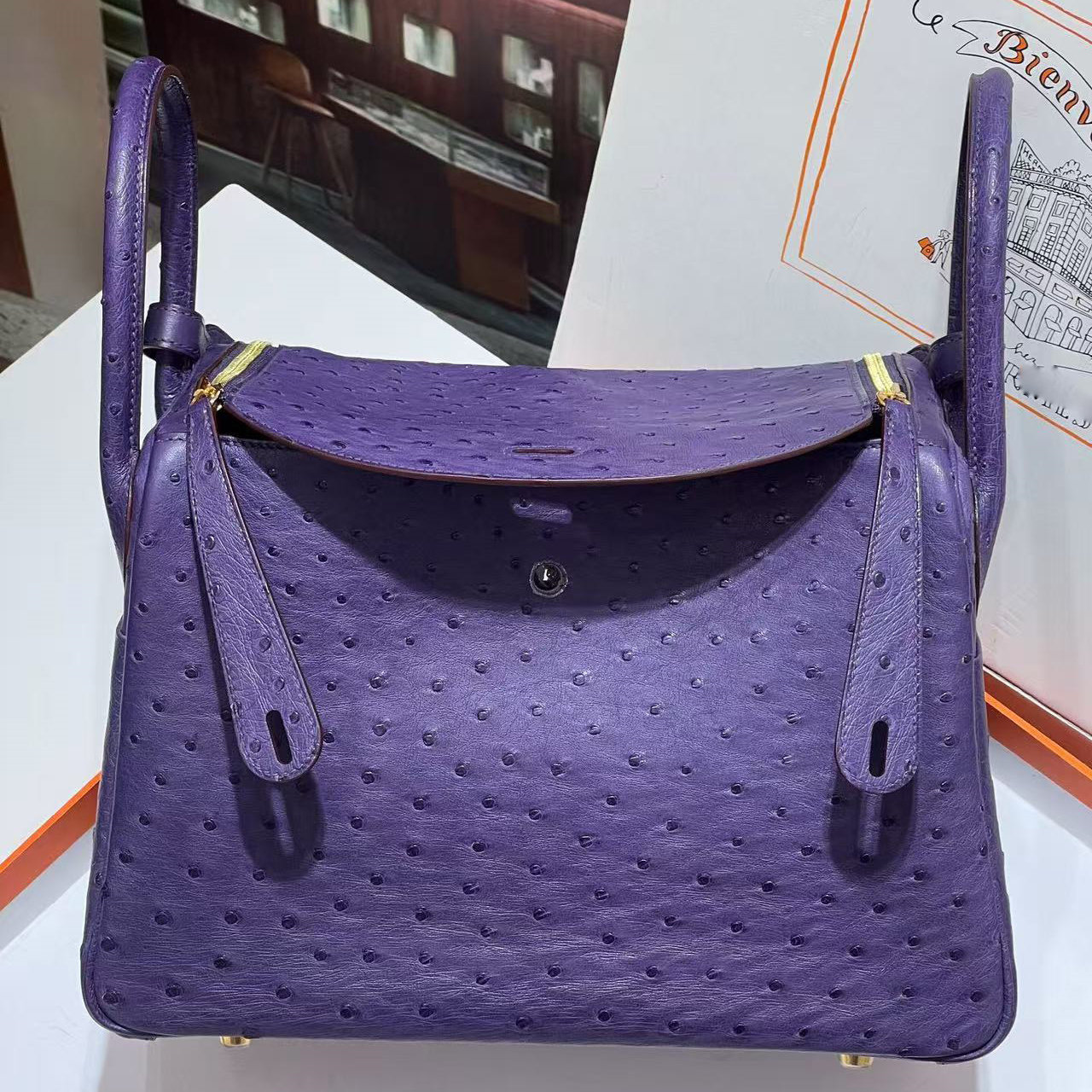 高端定制南非进口KK鸵鸟皮全手工缝女包大号琳迪30CM金扣单肩包
