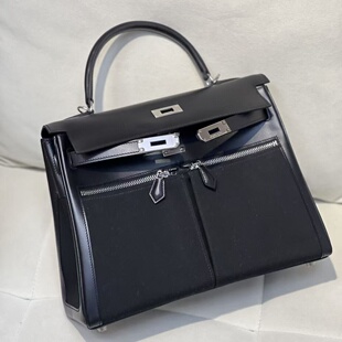 大号KL凯莉包32lakis黑色银扣box 拼帆布进口皮女包纯手工手提包