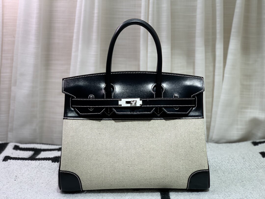 手缝box皮拼帆布铂金30手提女包女士2021新款中古包复古轻奢侈