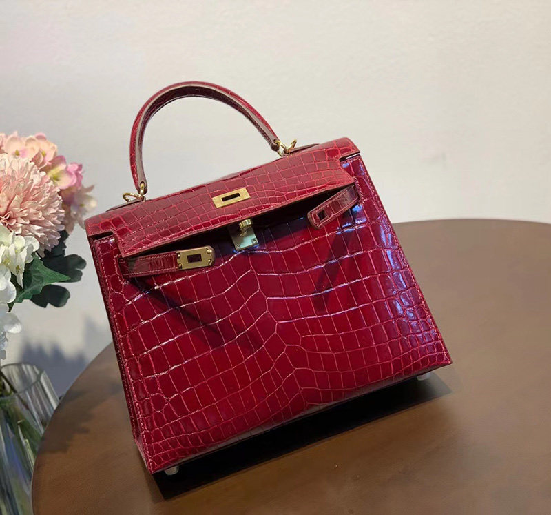 手工包亮面尼罗鳄鱼皮KL酒红色凯莉包25CM女士手提包高档女包埋没