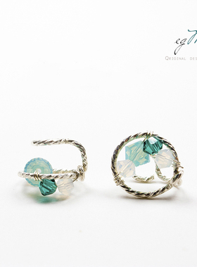 水晶耳夹无耳洞设计925银耳钉女原创绿色简约气质小巧清新银饰