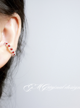 原创红色纯手工耳骨夹耳挂绿精致耳环夹法式复古风耳蜗夹新年耳夹