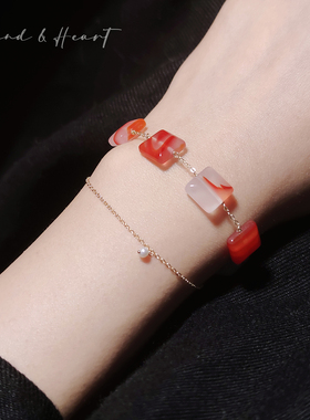 设计师款红玛瑙方形手链女