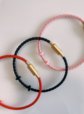 同款ctf简约素钢扣经典编织红色牛皮手绳女款多色八边扣硬金绳