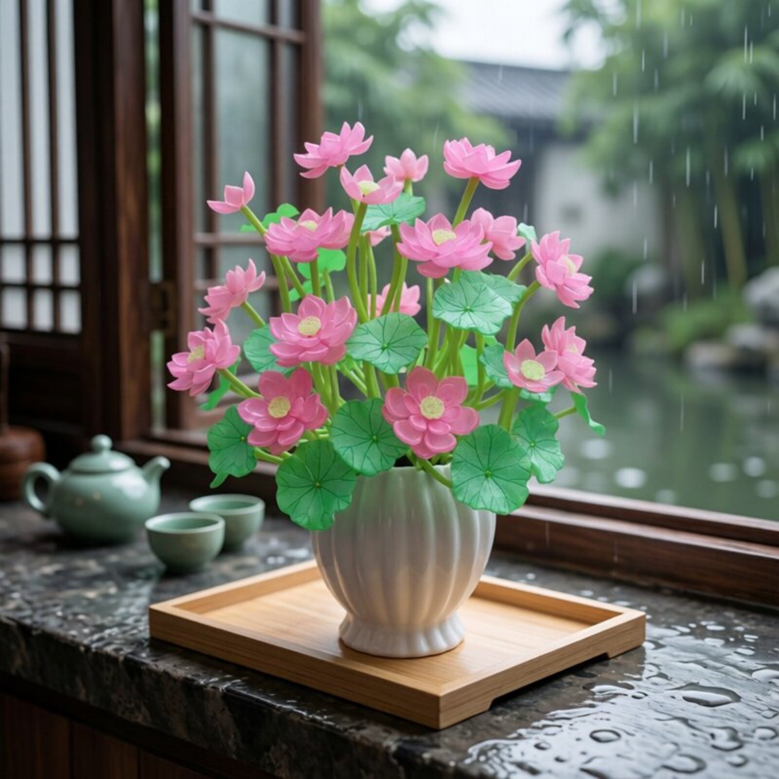 创意手工串珠diy荷花美美材料包家居摆件仿真花水晶荷叶花束装饰