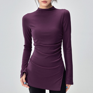 跨境罩衫 普拉提训练上衣新半高领遮臀瑜伽服紧身运动喇叭长袖