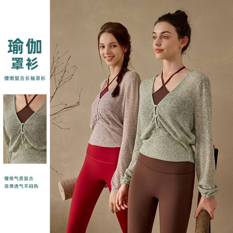 跨境唯美网纱瑜伽服上衣轻薄罩衫