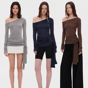 独特设计感飘带瑜伽外套 女2025早秋新款 褶皱修身 显瘦斜肩长袖