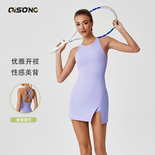 速干性感开衩运动连衣裙女露背瑜伽服户外跑步健身网球裙 跨境新款