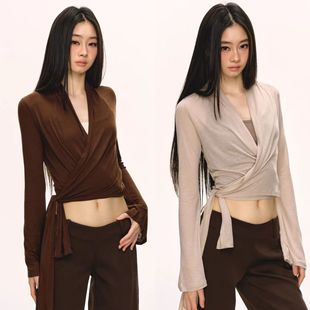 高品质秋冬修身 时尚 瑜伽服女交叉绑带长袖 上衣户外罩衫 喇叭袖 新款