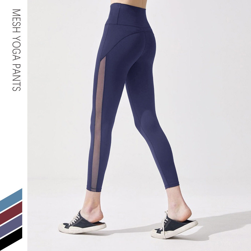 2025跨境网纱拼接透气高腰收腹瑜伽裤女性感速干提臀跑步健身紧身