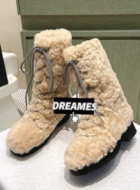 2025新款羊皮圆头粗跟短靴女时装靴走秀款靴子毛毛短靴女靴女包邮