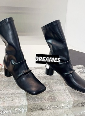 2025新款羊皮方头粗跟高跟鞋女鞋时装靴走秀款高跟鞋商务女鞋包邮