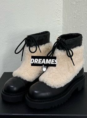 2025新款牛皮圆头粗跟短靴女时装靴走秀款靴子羊羔毛拼接套筒靴女