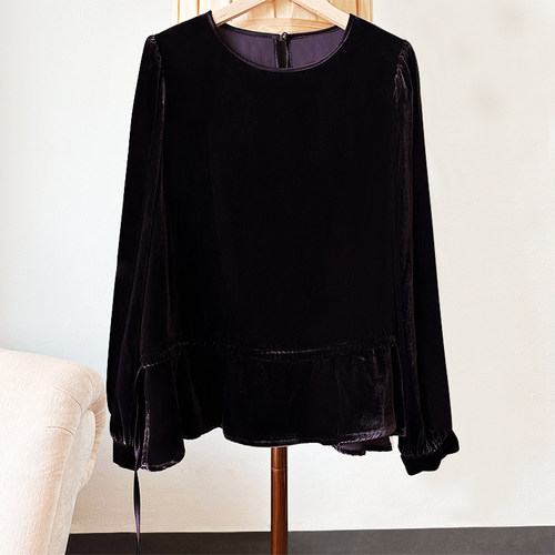 100桑蚕丝丝绒上衣女宽松收腰休闲百搭显瘦气质真丝绒长袖