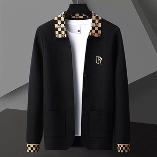 帅气青年拼接刺绣风衣男装 轻奢毛呢夹克男春秋季 修身 短款 外套 韩版