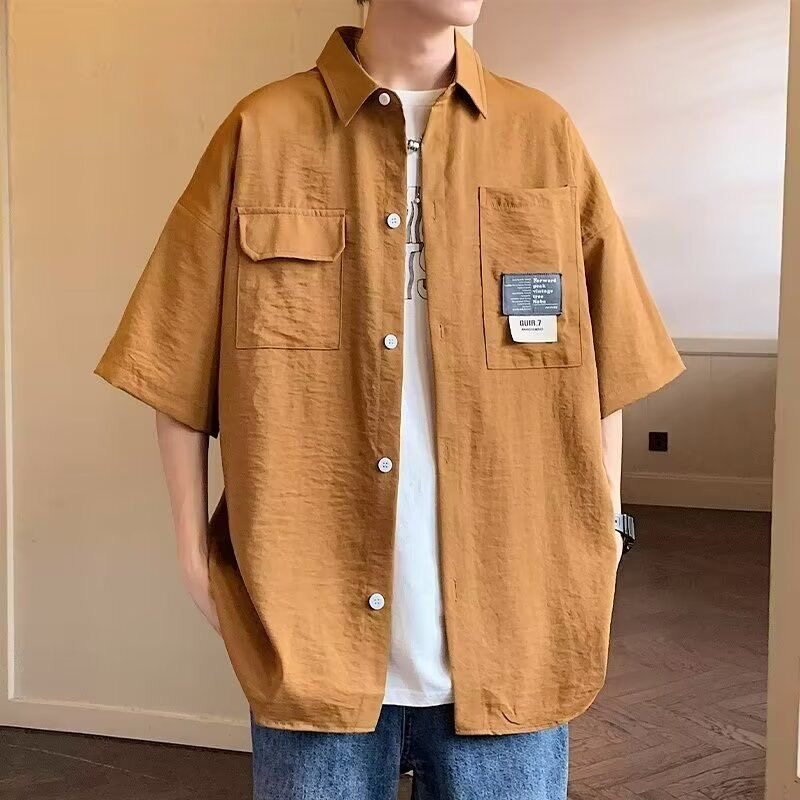男装工装短袖衬衫外套男夏季新款冰丝五分袖宽松港风口袋衬衣夏天
