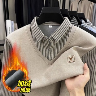 内搭针织打底衫 领毛衣男士 加绒加厚带领保暖线衣 假两件衬衫 秋冬季
