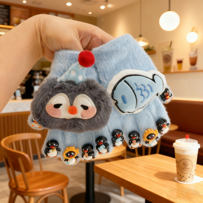新款可爱企鹅儿童手套女童秋冬季防寒五指套学生保暖分指毛绒手套