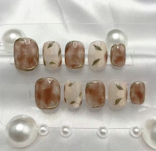 冰茶花纯手工美甲贴片成品奶咖晕染冰透秋冬穿戴甲指甲片ins