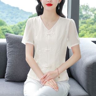 夏季 气质国风衬衫 新中式 新款 别致显瘦上衣 女短袖 2025盘扣提花小衫