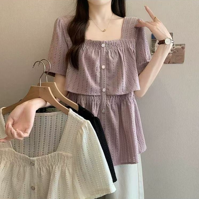 法式方领镂空短袖衬衫女士夏季新款荷叶边小衫胖MM遮肚子显瘦上衣