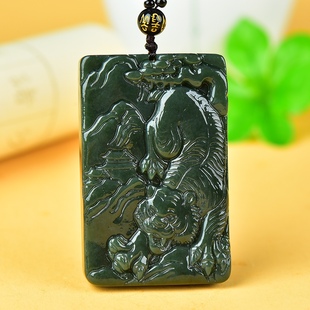 天然和田玉生肖虎玉佩新疆黑青玉上下山虎吊坠挂件玉老虎牌子证书