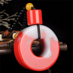 天然鸡血石平安扣手把件大号平安环和田玉金丝玉车挂手玩件手挂饰