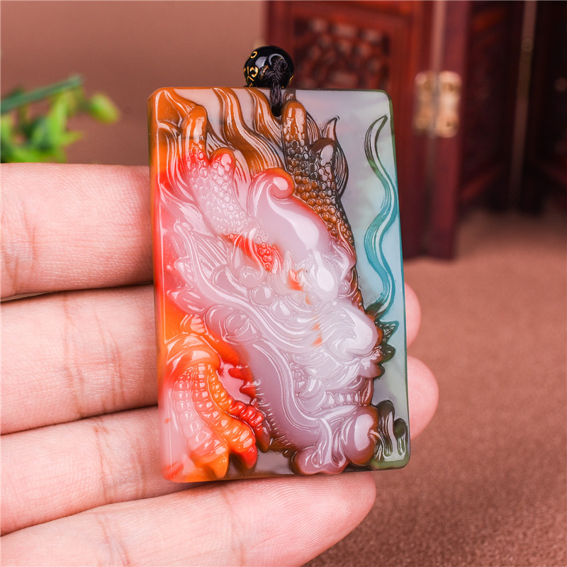 新疆和田玉生肖龙挂件平安牌鸡血玉天然彩玉龙吊坠男女款玉项链坠