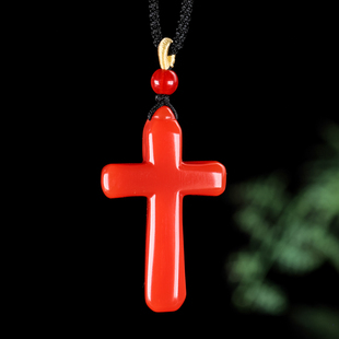 天然玉十字架吊坠红玉十字架挂件男女平安项链玉佩毛衣链