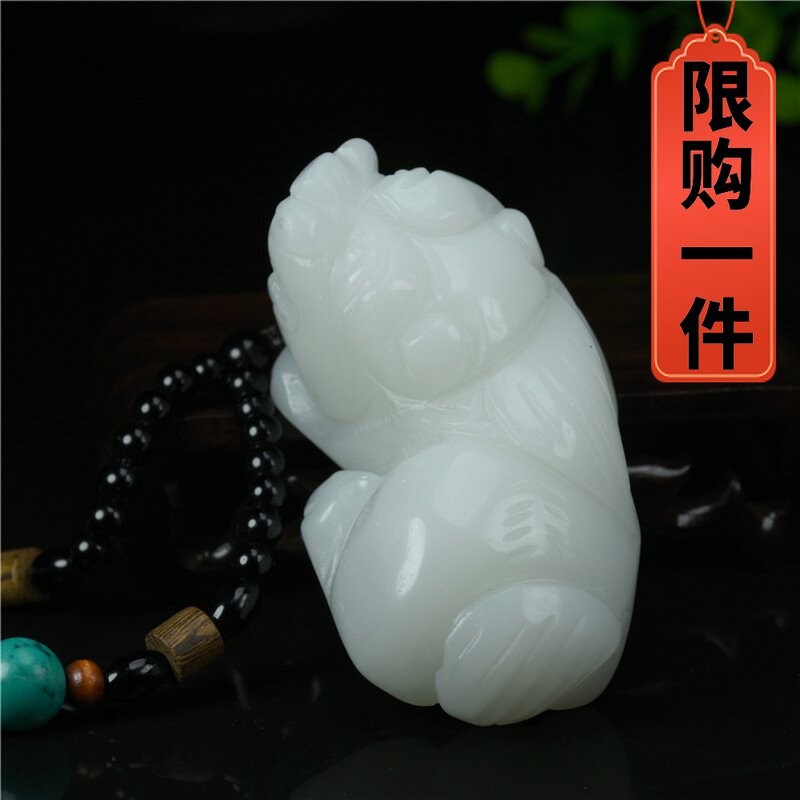 新疆和田玉貔貅手把件羊脂白玉进宝貔貅把玩件摆件原石把玩件
