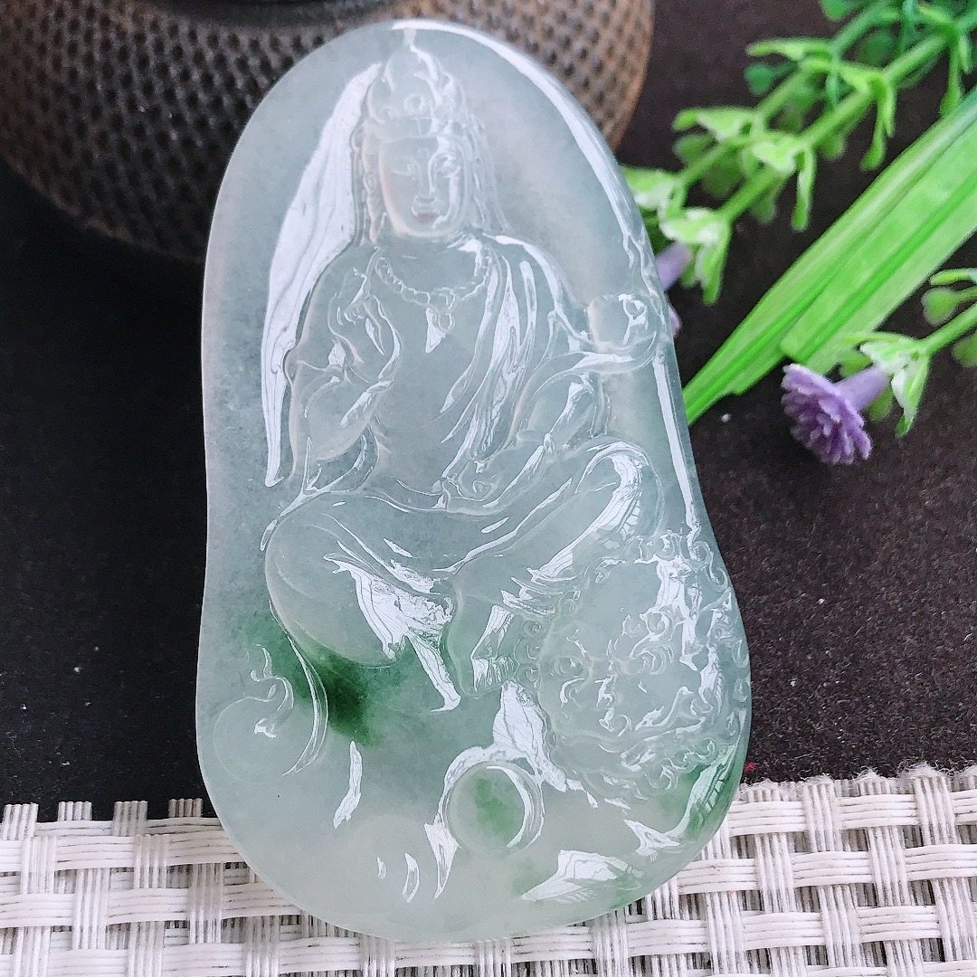 天然a货翡翠67.6/40.2/5.7老坑冰种起胶冰飘花文殊菩萨吊坠挂件