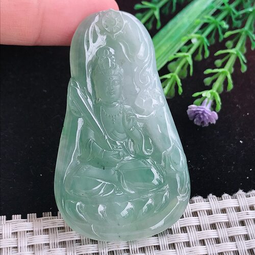 实拍A货翡翠63/37/6老坑冰胶晴底虚空藏菩萨吊坠翡翠挂件玉牌