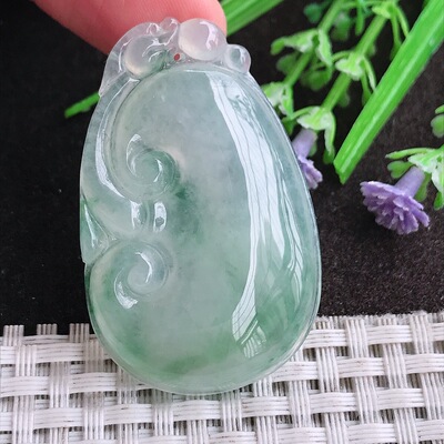 天然A货翡翠45.6/29/5.9老坑冰种果冻胶飘花如意吊坠翡翠挂件