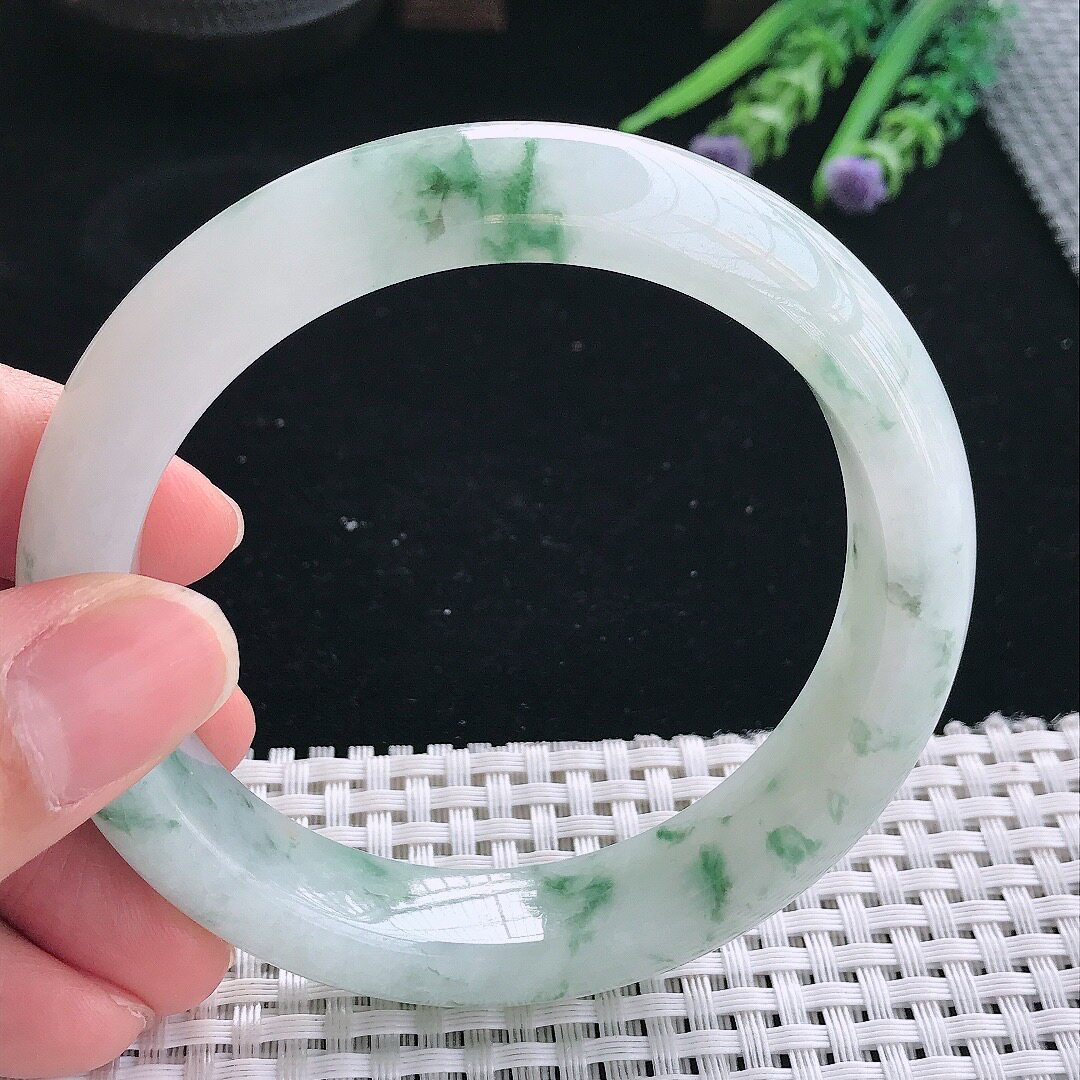 天然翡翠60.8/13.8/6.3大圈口老坑精美冰润飘花手镯翡翠玉镯手环