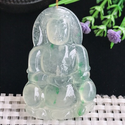 A货翡翠58.3/38/5.3老坑冰种冰晴飘绿观音菩萨吊坠正装观音挂件